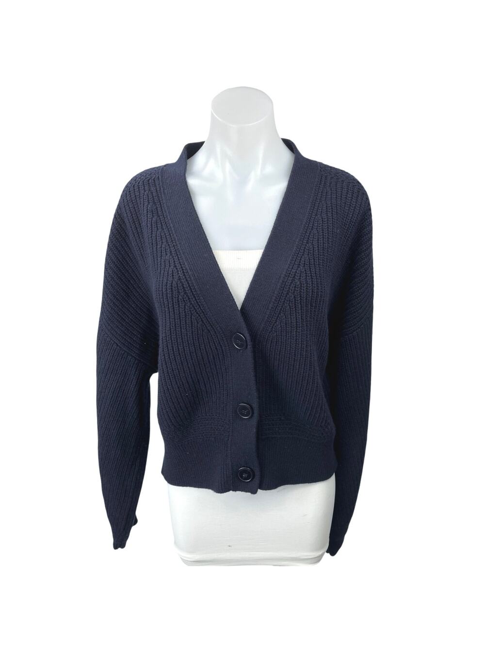 & Other Stories Navy Blue Wool Waffle Knit V-neck Button Cardigan Sweater Top M